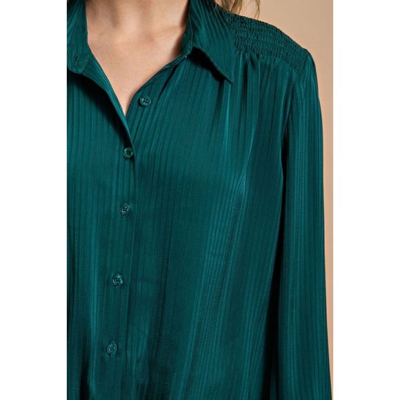New Gigio Size S M Hunter Green Button Up Smocked Shoulder Striped Blouse Top - Picture 6 of 6